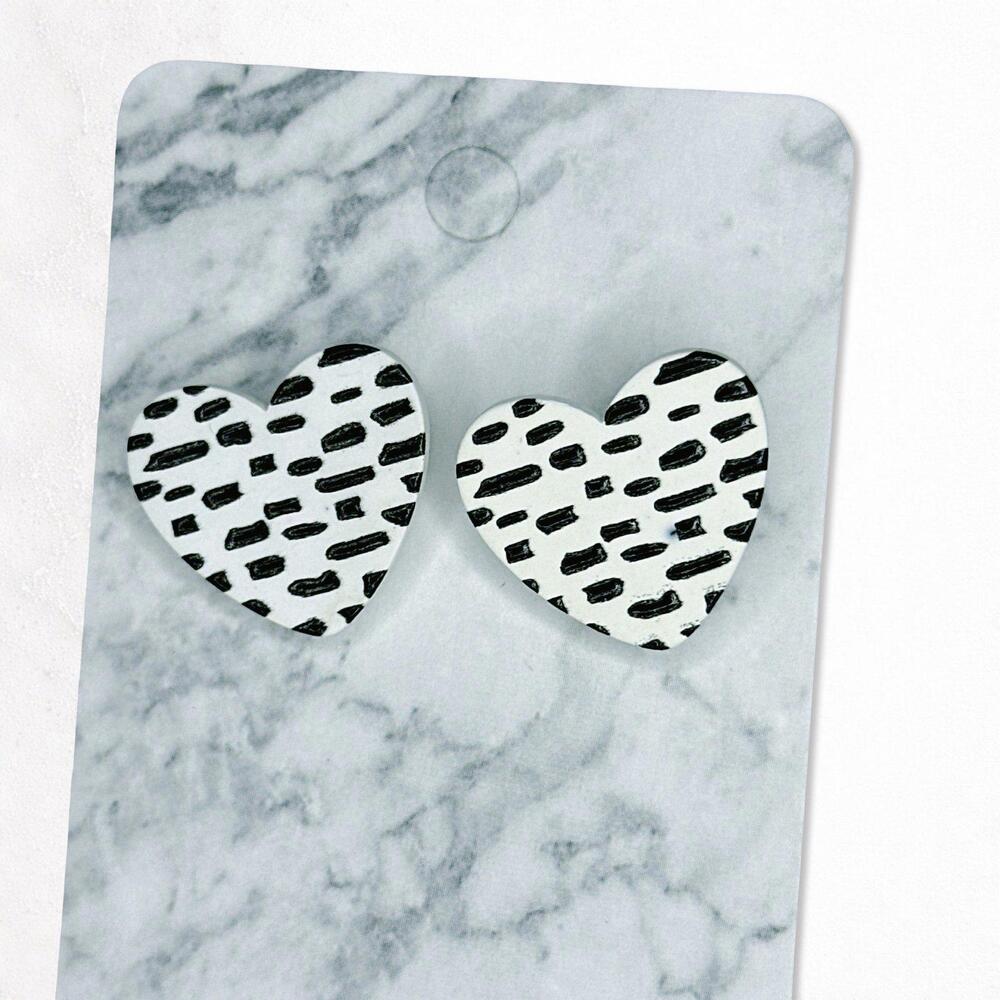 7222. Wood Dalmation Print Heart Earrings Handmade